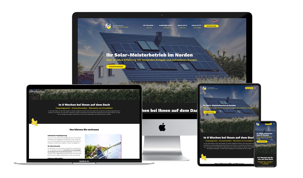 Mockups der neuen Website des Unternehmens fri.energy auf verschiedenen Geräten wie Laptop, Tablet und Smartphone.