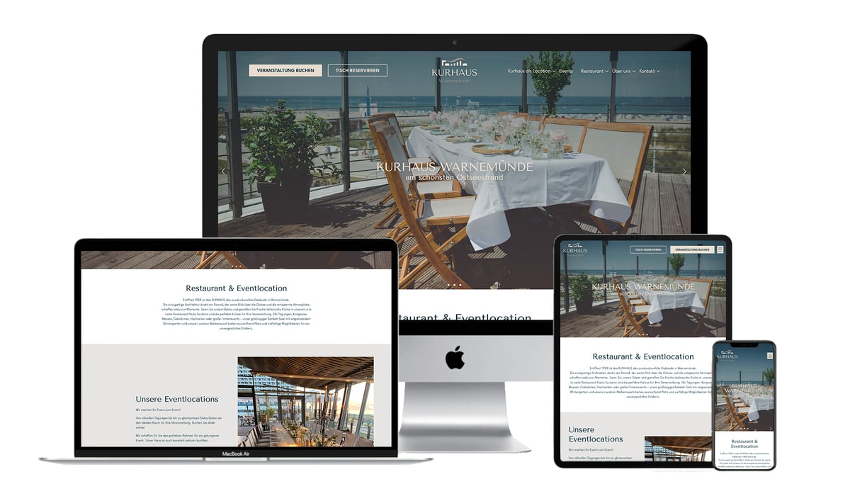 Mockup der neuen Website von Kurhaus Warnemünde auf verschiedenen Geräten wie Laptop, Tablet und Smartphone. Website designt und konzipiert von Digitalagentur viminds