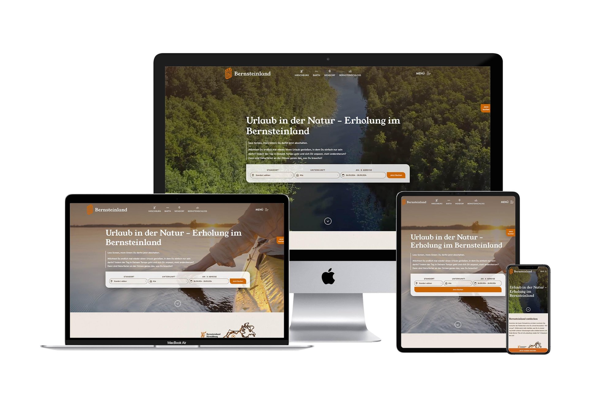 Mockup der neuen Website von Bernsteinland auf Laptop, Tablet und Smartphone.