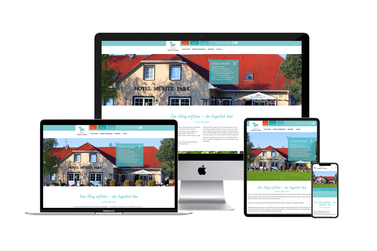 Mockup der neuen Website von Hotel Müritz-Park auf verschiedenen Geräten wie Laptop, Tablet und Smartphone. Die Seite wurde von der Marketing Agentur viminds designt und konzipiert.