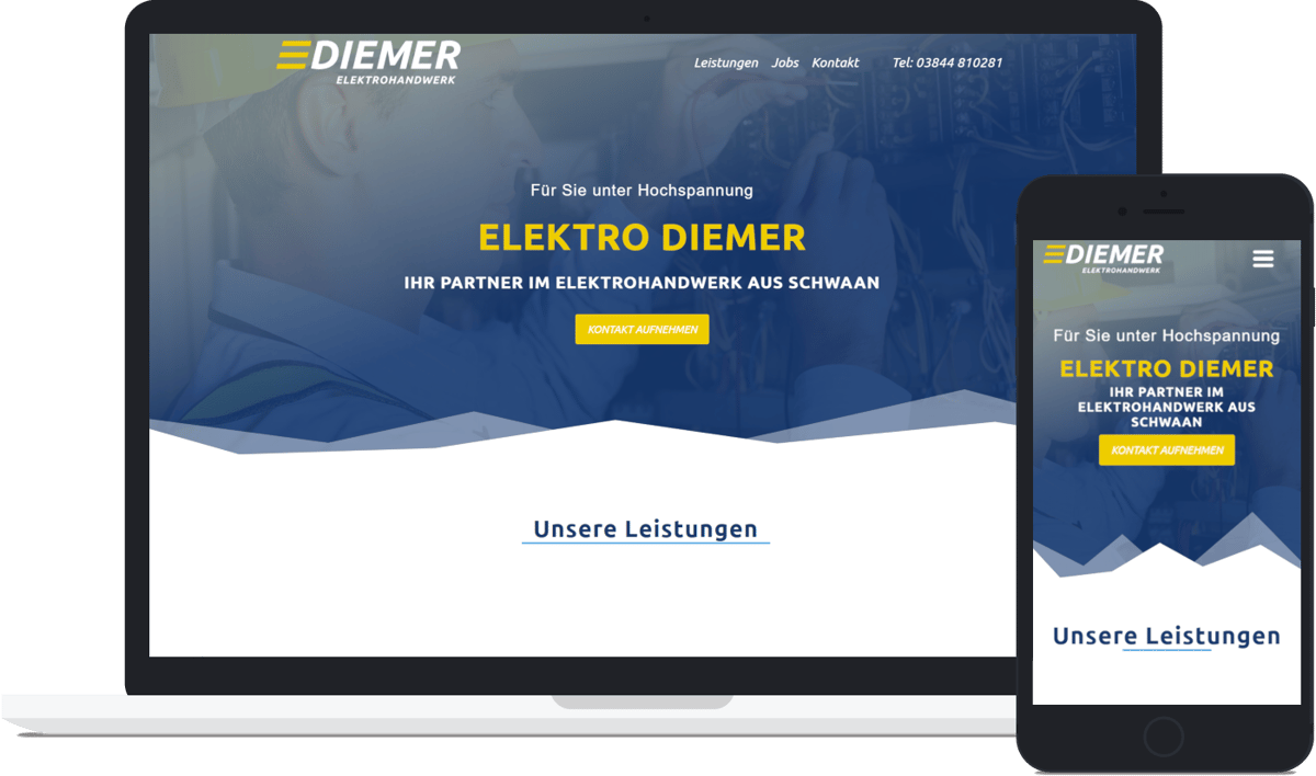 Mockup der Website von Elektrohandwerk Diemer auf einem Laptop und Smartphone designt und entwickelt von viminds