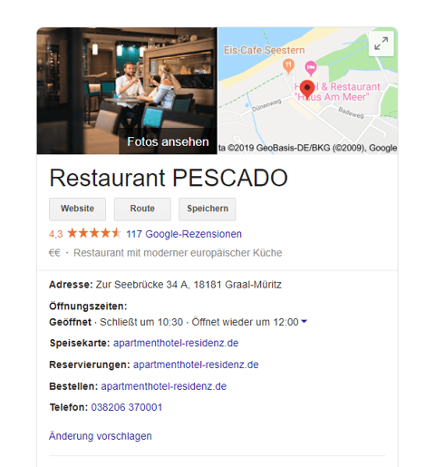 Ausschnitt des Google Unternehmensprofils von Restaurant PESCADO mit Bild, Karte, wesentlichen Informationen und Bewertungen.