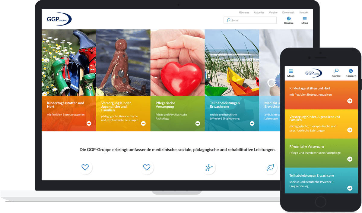 Mockup der neuen Website von GGP Gruppe auf einem Laptop und Smartphone. Designt und konzipiert von Marketing Agentur viminds