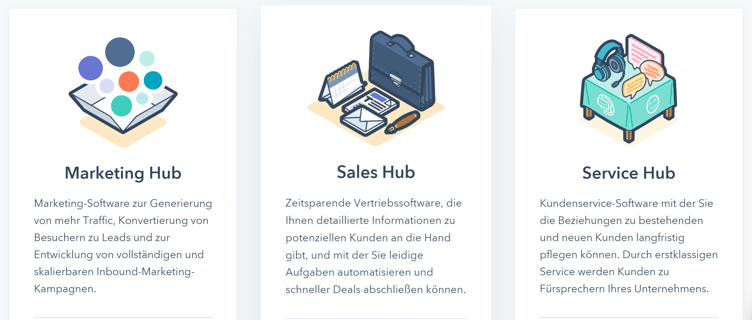 HubSpot bietet einen Marketing Hub, Sales Hub und Service Hub an
