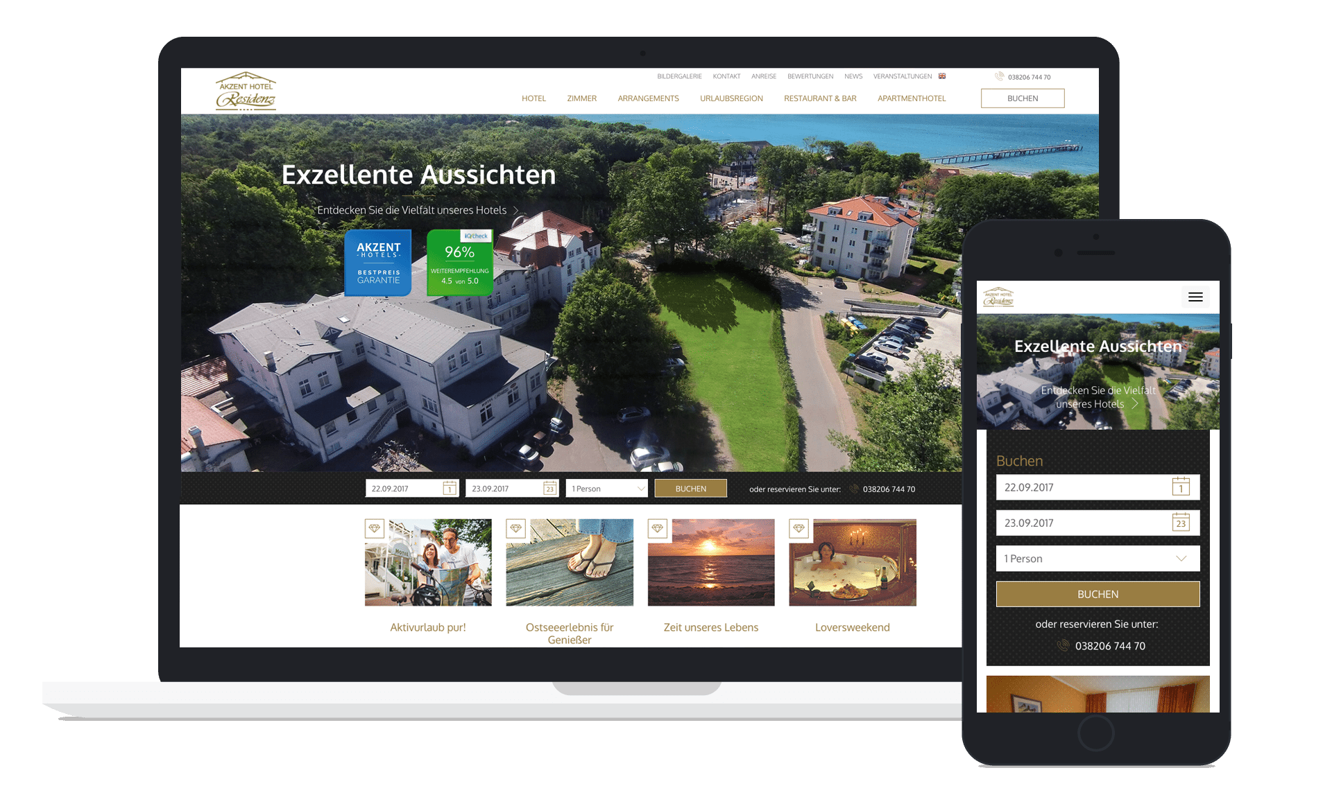 Mockup der AKZENT Hotel Website auf einem Laptop und Smartphone.