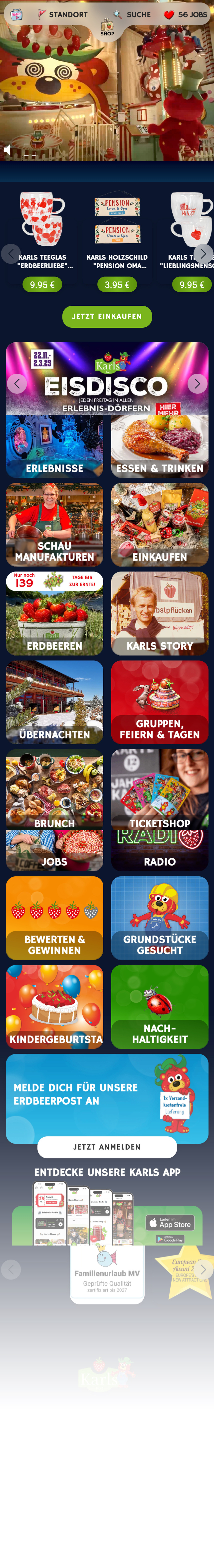 Scrollbares Mockup der neuen Website von Karls Erdbeerdörfer auf einem IPhone.