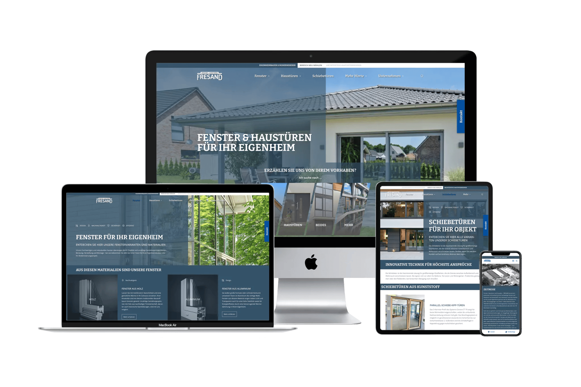 Mockup der neuen Website von Fresand, die von viminds konzipiert und umgesetzt wurde. Mockup auf verschiedenen Geräten wie Laptop, Tablet und Smartphone.