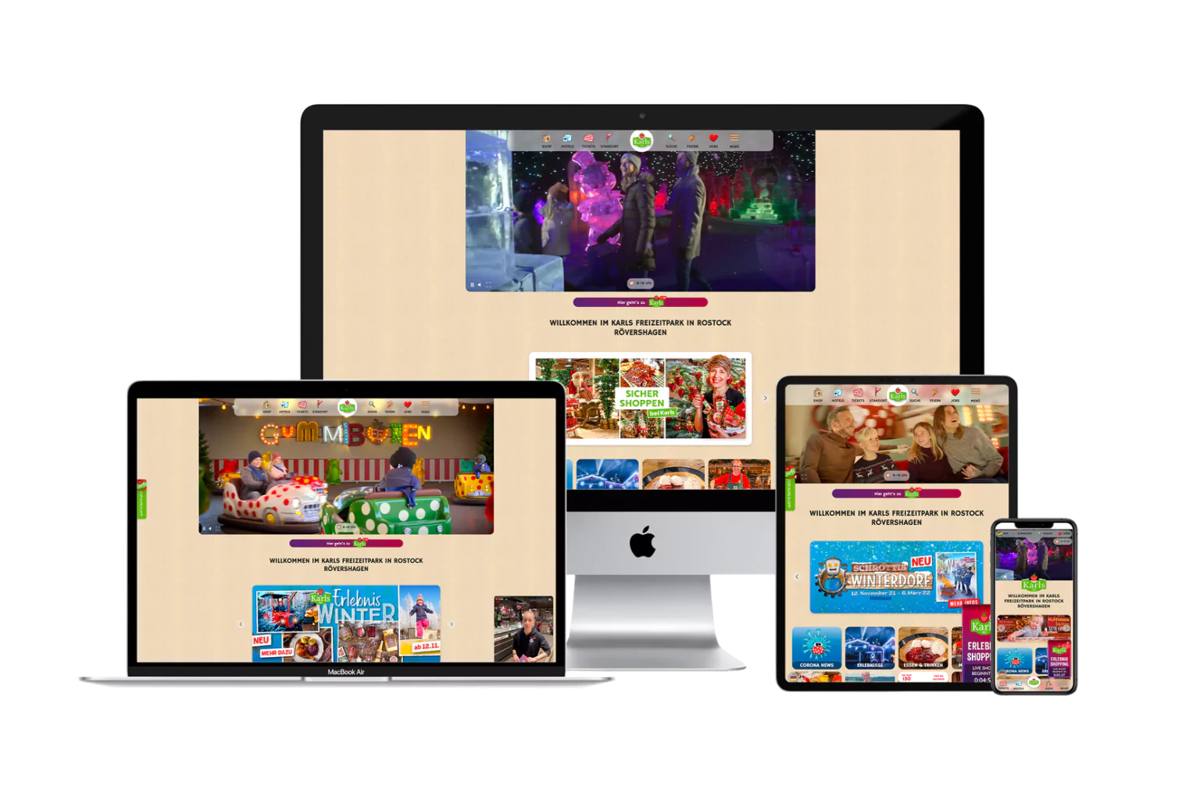 Mockup der neuen Website von Karls Erdbeerhof auf Geräten wie Laptop, Tablet und IPhone. Design und Konzeption entwickelt von der Marketing Agentur viminds.
