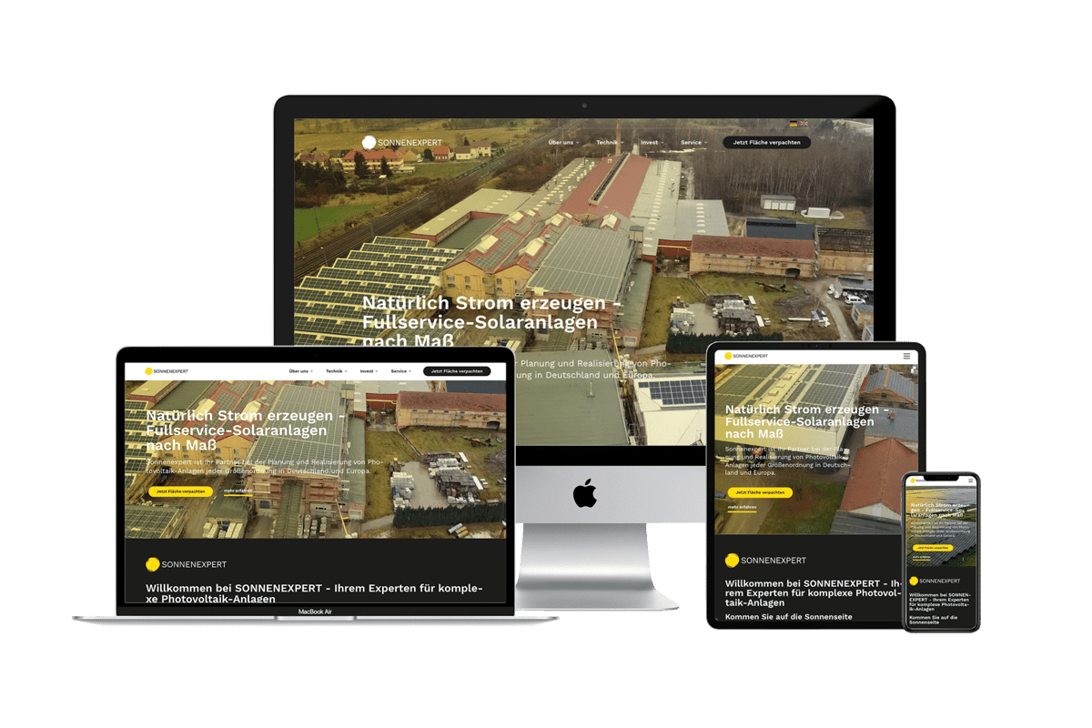 Mockup der neuen Website von Sonnenexpert auf verschiedenen Geräten wie Laptop, Tablet und Smartphone. Website designt und konzipiert von Digitalagentur viminds.
