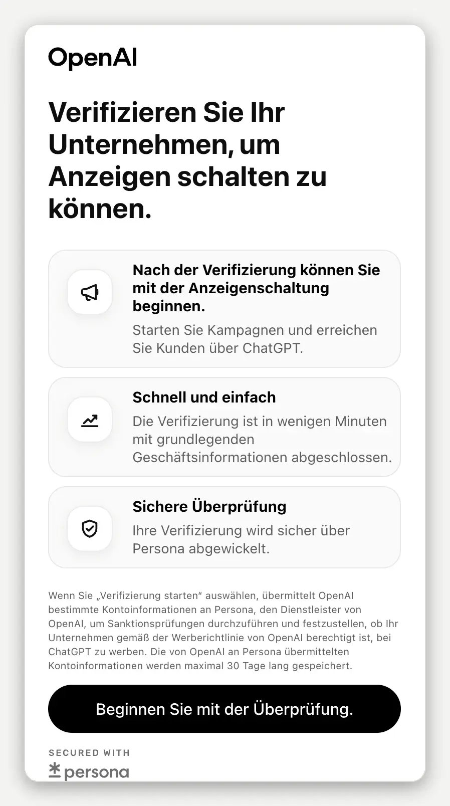 ChatGPT Ads Verifizierung des Unternehmens über Persona