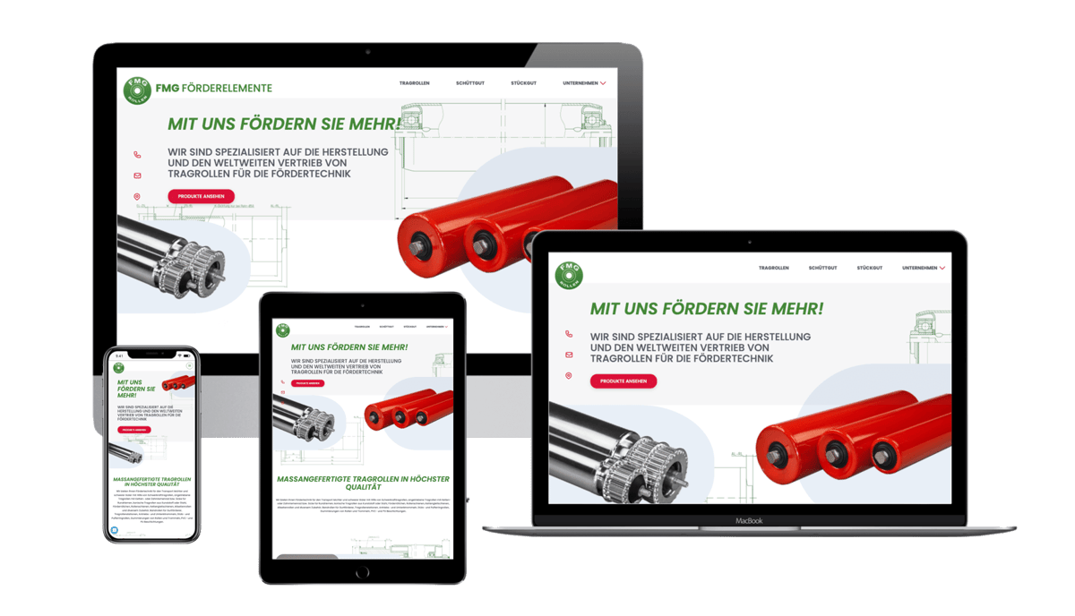 Mockup der neuen Website von FMG Förderelemente auf dem Bildschirm, Laptop, Tablet und Smartphone