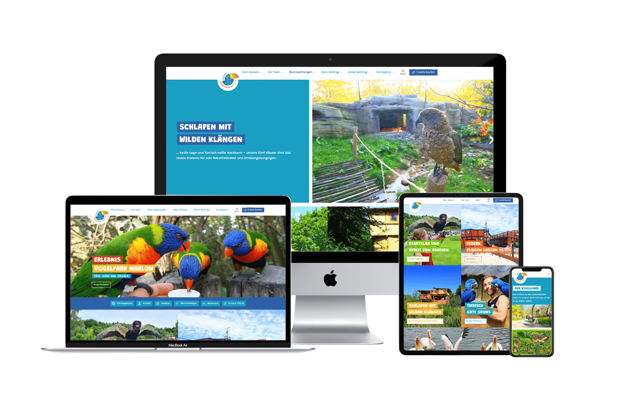 Mockup der neuen Website von Vogelpark Marlow auf IMac, MacBook, IPad und IPhone.